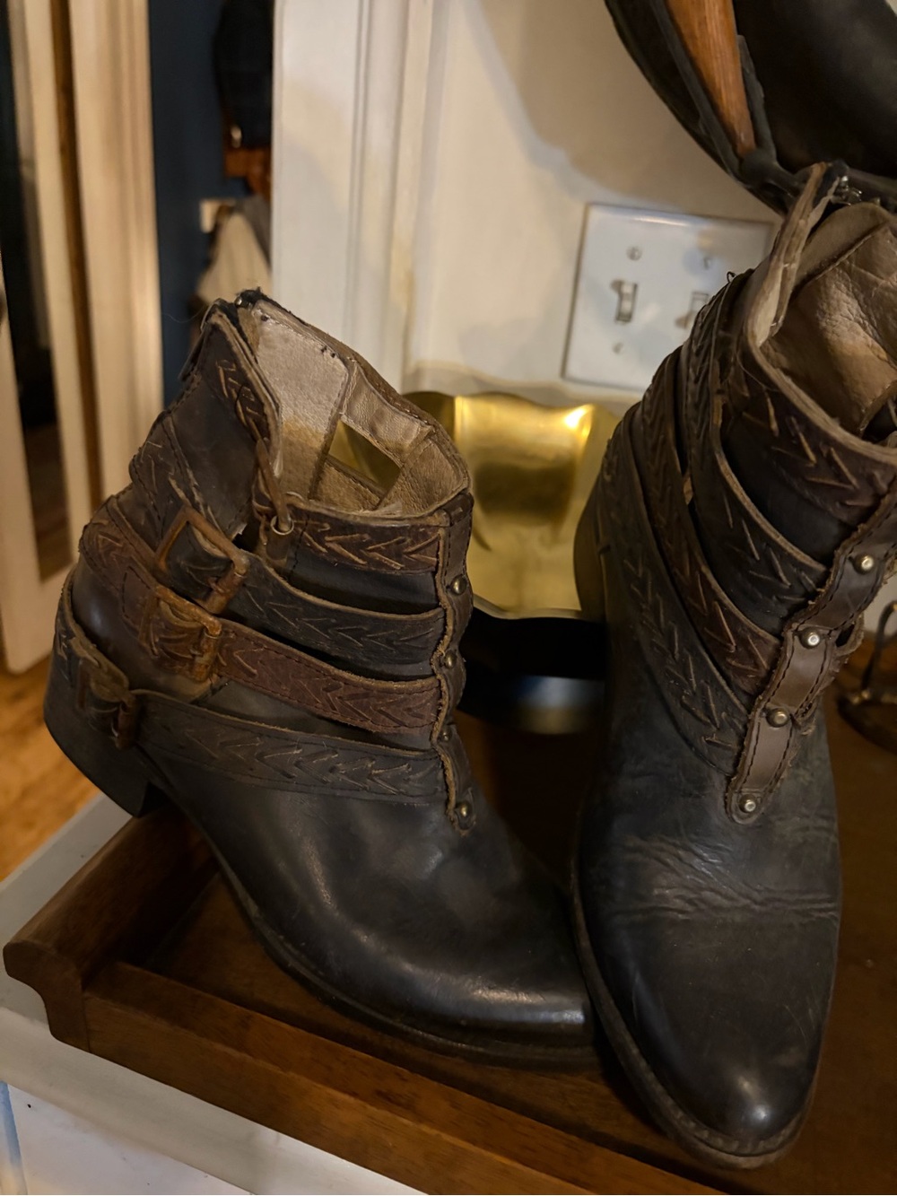 Freebird by Steven Black and Brown Leather Ankle Booties with Decorative Straps